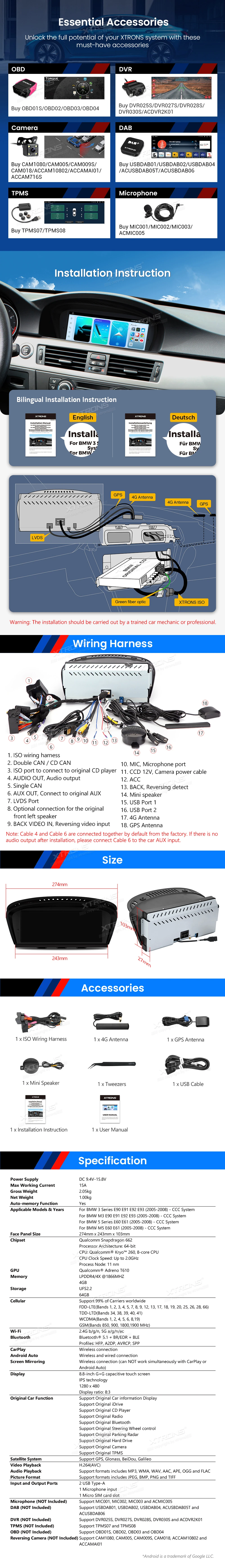 BMW 3 and 5 Series CCC 8.8 inch Android Head Unit with Wireless CarPlay, Android Auto and 4G | QBB8460CC: XTRONS specification poster 5 of 5