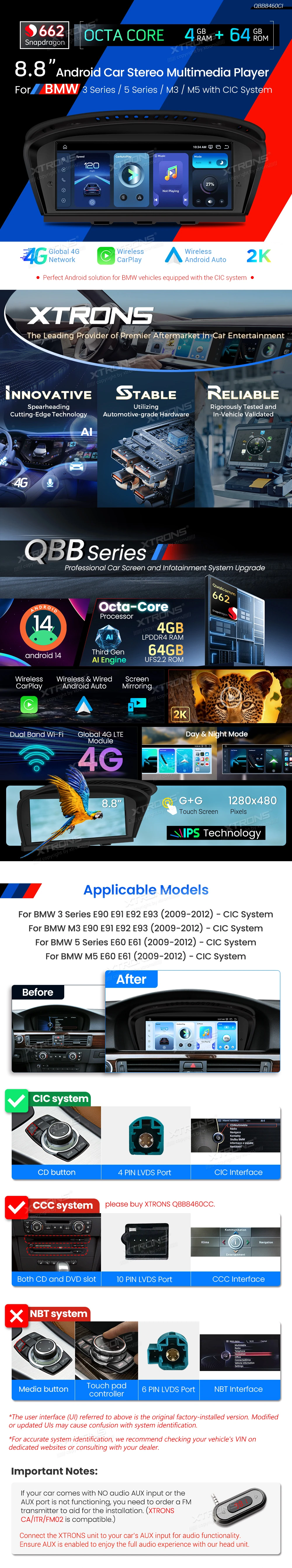 BMW 3 and 5 Series CIC 8.8 Inch Android Head Unit with Wireless CarPlay, Android Auto and 4G | QBB8460CI: XTRONS specification poster 1 of 5