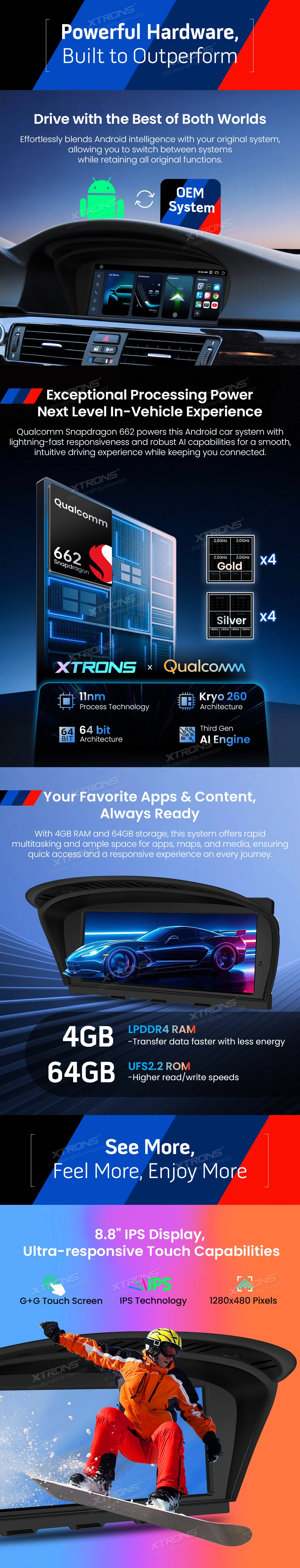 BMW 3 and 5 Series CIC 8.8 Inch Android Head Unit with Wireless CarPlay, Android Auto and 4G | QBB8460CI: XTRONS specification poster 2 of 5