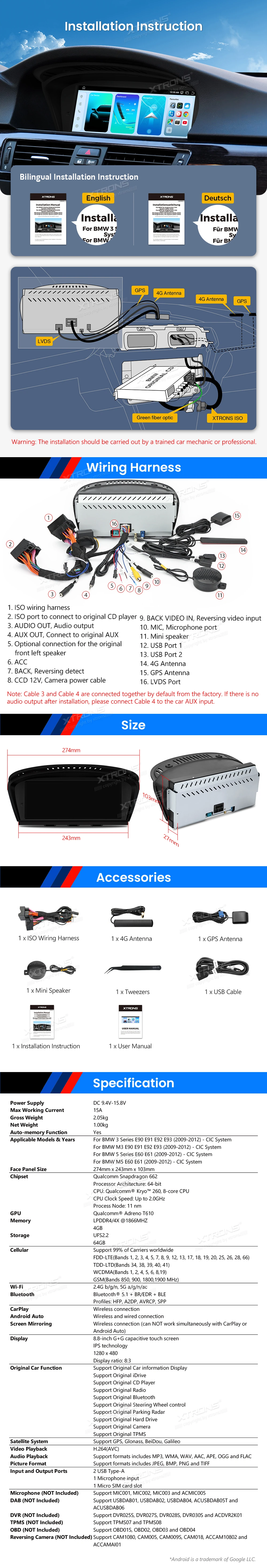 BMW 3 and 5 Series CIC 8.8 Inch Android Head Unit with Wireless CarPlay, Android Auto and 4G | QBB8460CI: XTRONS specification poster 5 of 5