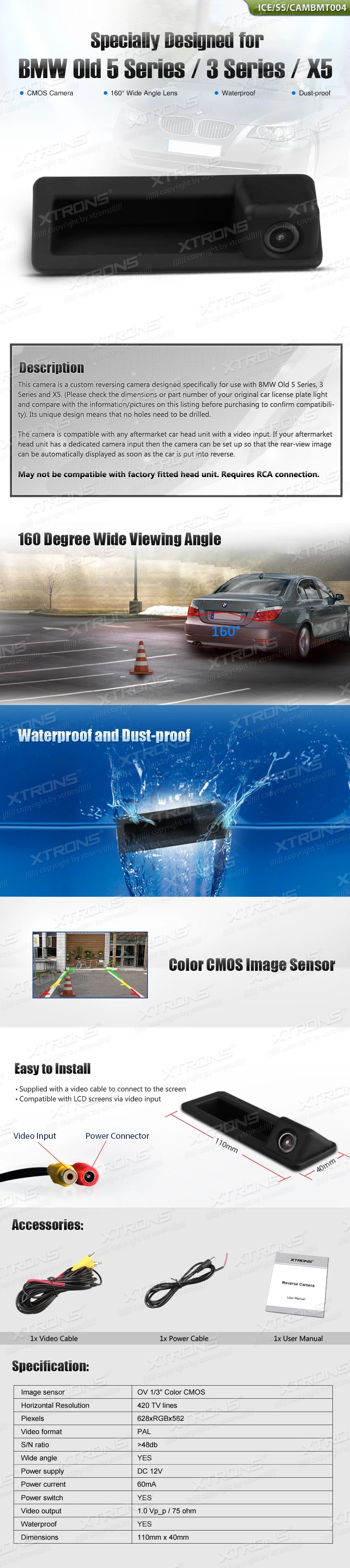 BMW 3 Series, 5 Series and X5 Number Plate Light Reversing Camera, 160° View | ICE/SS/CAMBMT004: XTRONS specification poster 1 of 1