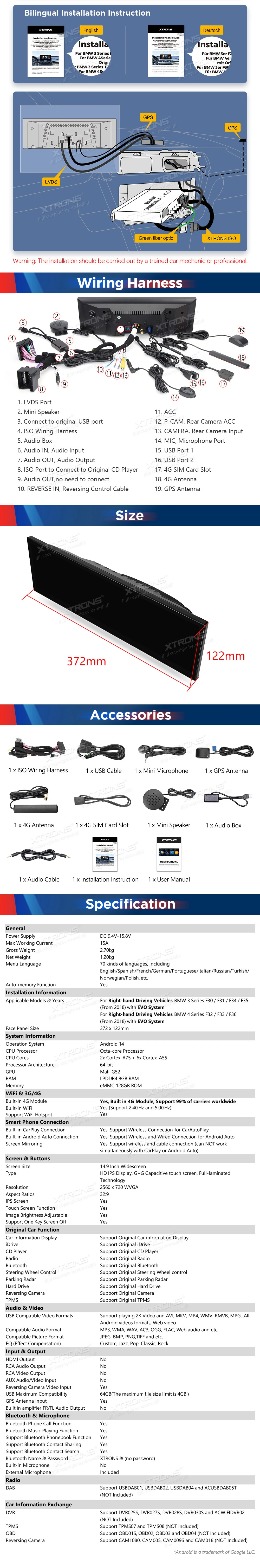 BMW 3 Series and 4 Series 14.9 inch Android Screen with Wireless CarPlay, Android Auto and 4G | QLBH44THEVR3: XTRONS specification poster 6 of 6