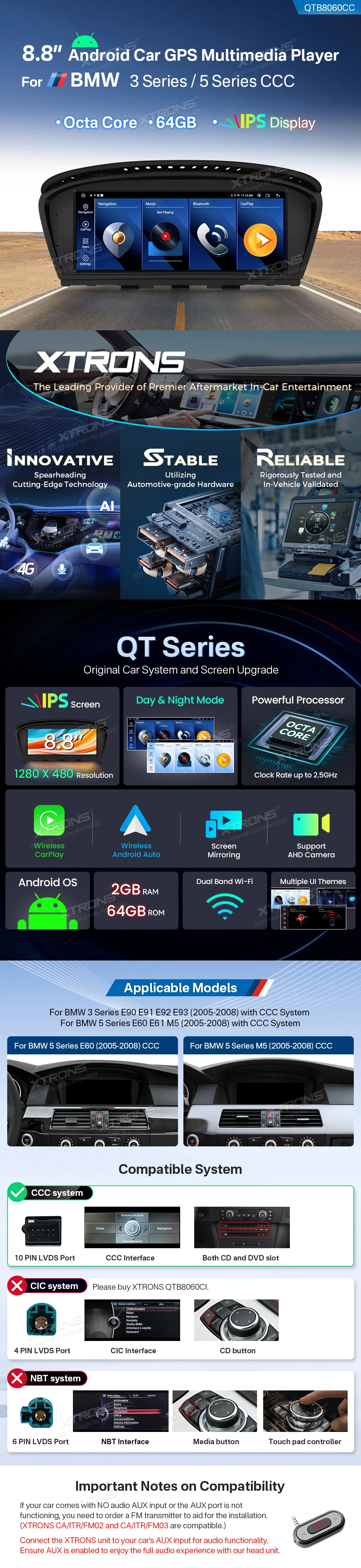 BMW 3 Series E90 and 5 Series E60 CCC 8.8″ Android Screen with Wireless CarPlay | QTB8060CC: XTRONS specification poster 1 of 6