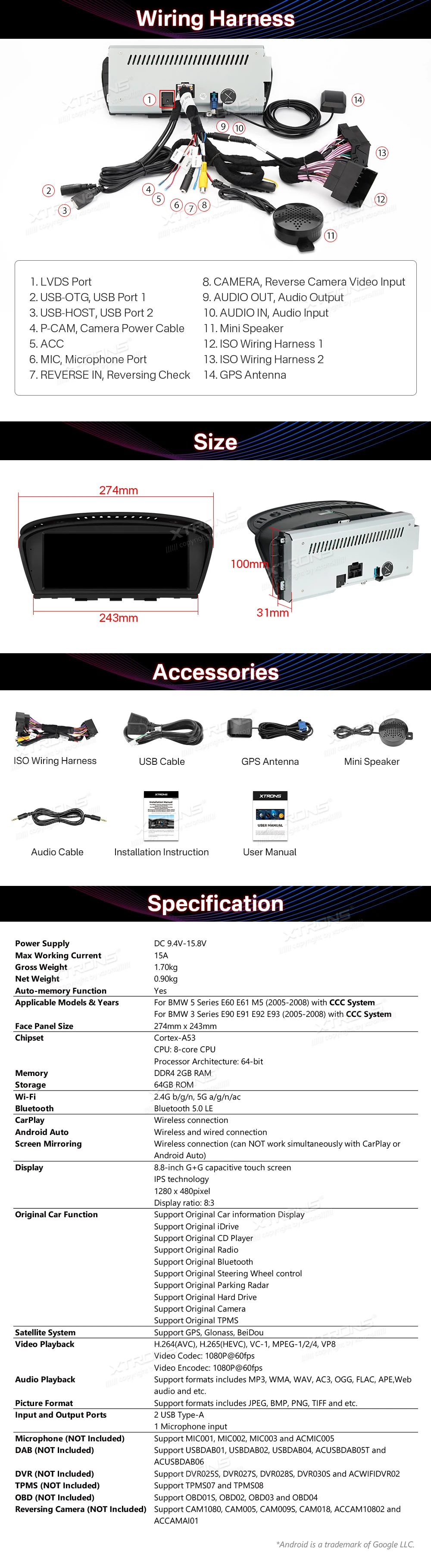 BMW 3 Series E90 and 5 Series E60 CCC 8.8″ Android Screen with Wireless CarPlay | QTB8060CC: XTRONS specification poster 6 of 6