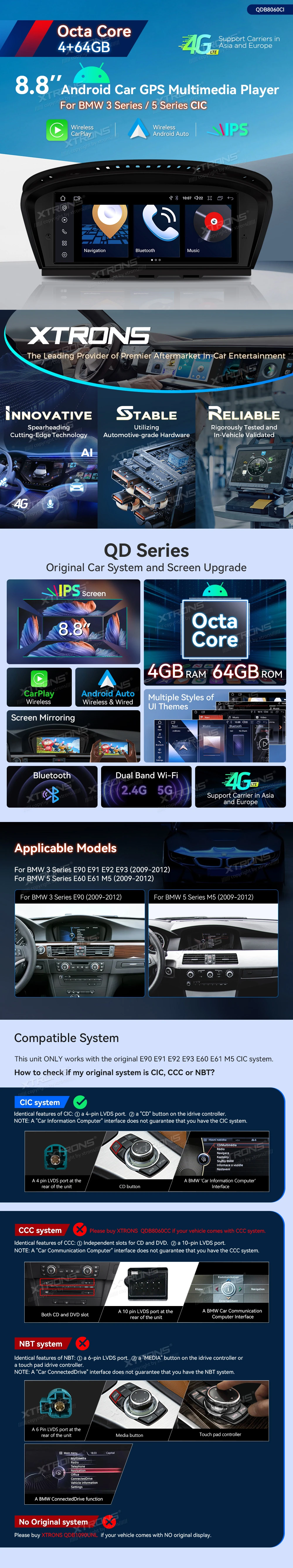 BMW 3 Series E90 and 5 Series E60 CIC 8.8″ Android Screen with Wireless CarPlay and 4G | QDB8060CI: XTRONS specification poster 1 of 5
