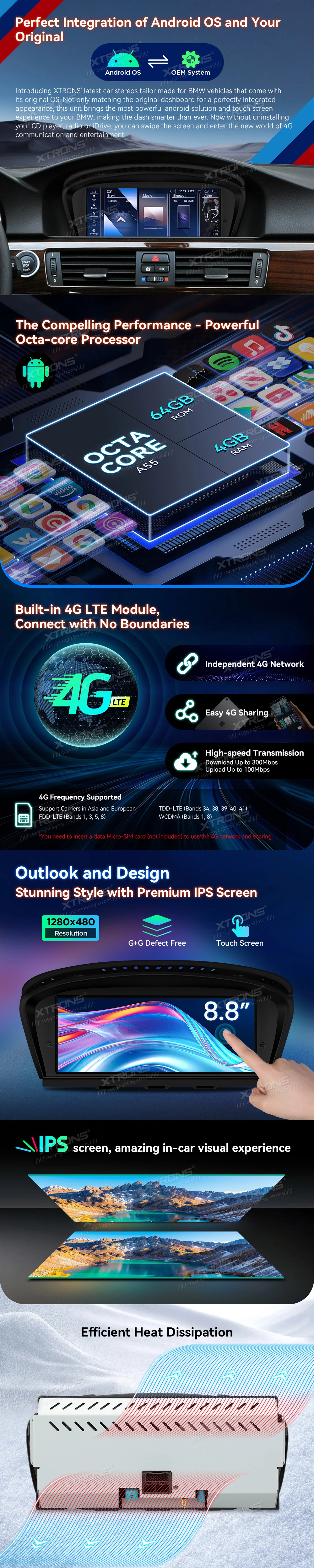 BMW 3 Series E90 and 5 Series E60 CIC 8.8″ Android Screen with Wireless CarPlay and 4G | QDB8060CI: XTRONS specification poster 2 of 5