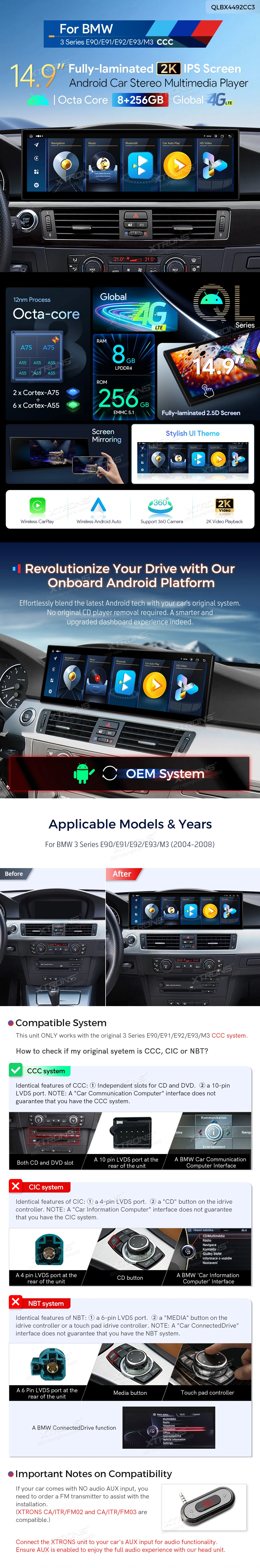 BMW 3 Series E90 CCC 14.9 Inch Android Head Unit with Wireless CarPlay, Android Auto and 4G | QLBX4492CC3: XTRONS specification poster 1 of 5