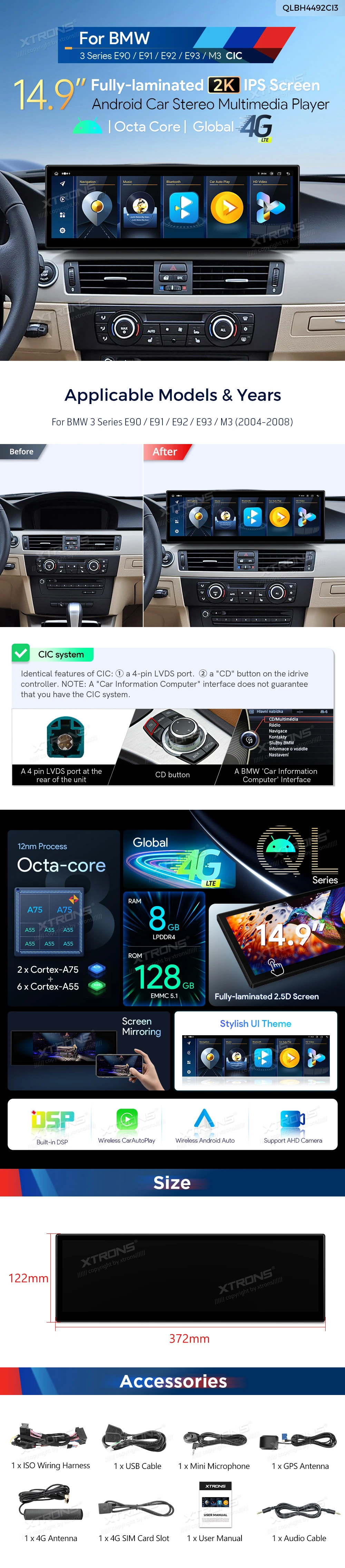 BMW 3 Series E90 CIC 14.9 Inch Android Head Unit with Wireless CarPlay, Android Auto and 4G | QLBH4492CI3: XTRONS specification poster 1 of 1