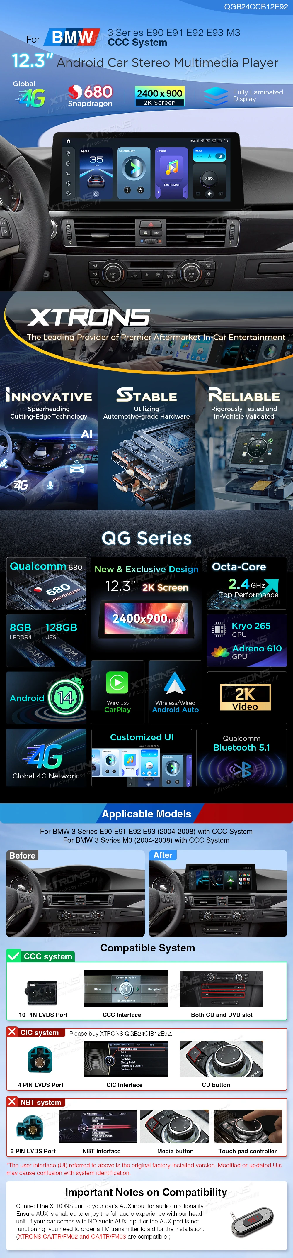 BMW 3 Series E90 E91 E92 E93 CCC 12.3 inch 2K Android Screen with Wireless CarPlay and 4G | QGB24CCB12E92: XTRONS specification poster 1 of 6