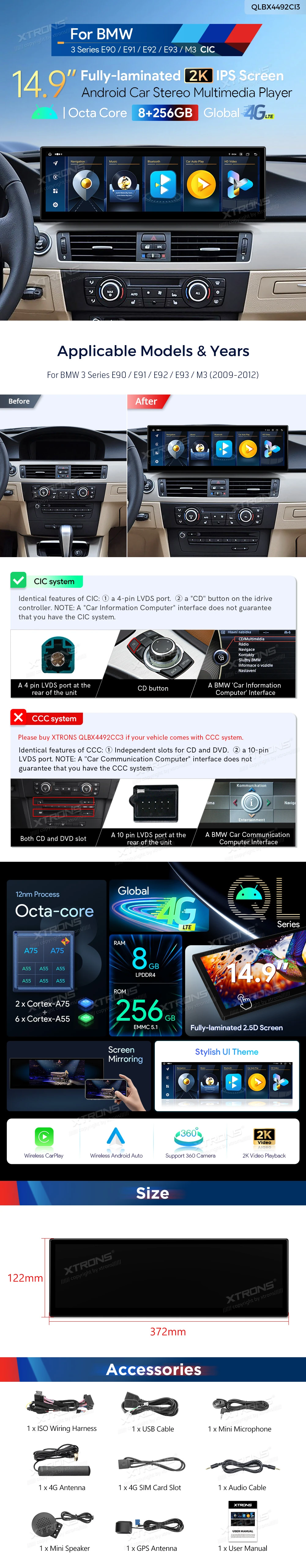 BMW 3 Series E90 E91 E92 E93 CIC 14.9 inch Android Screen with Wireless CarPlay and 4G | QLBX4492CI3: XTRONS specification poster 1 of 1