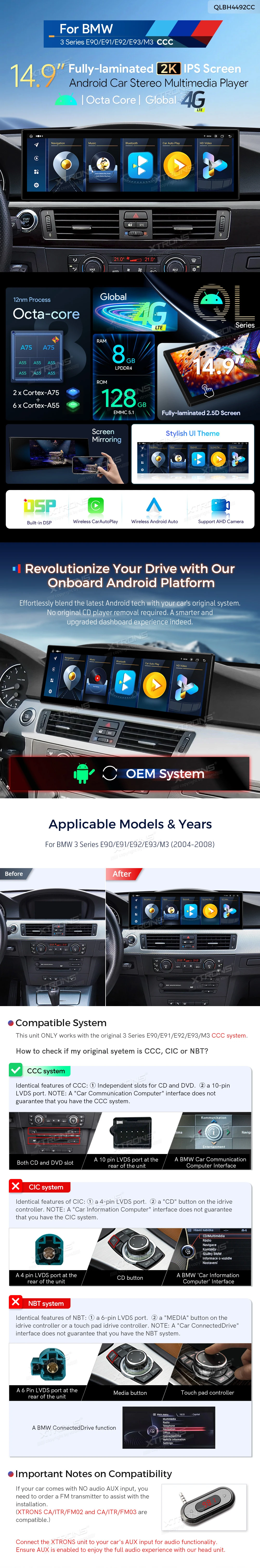 BMW 3 Series E90-E93 CCC 14.9 inch Android Head Unit with Wireless CarPlay, Android Auto and 4G | QLBH4492CC3: XTRONS specification poster 1 of 5