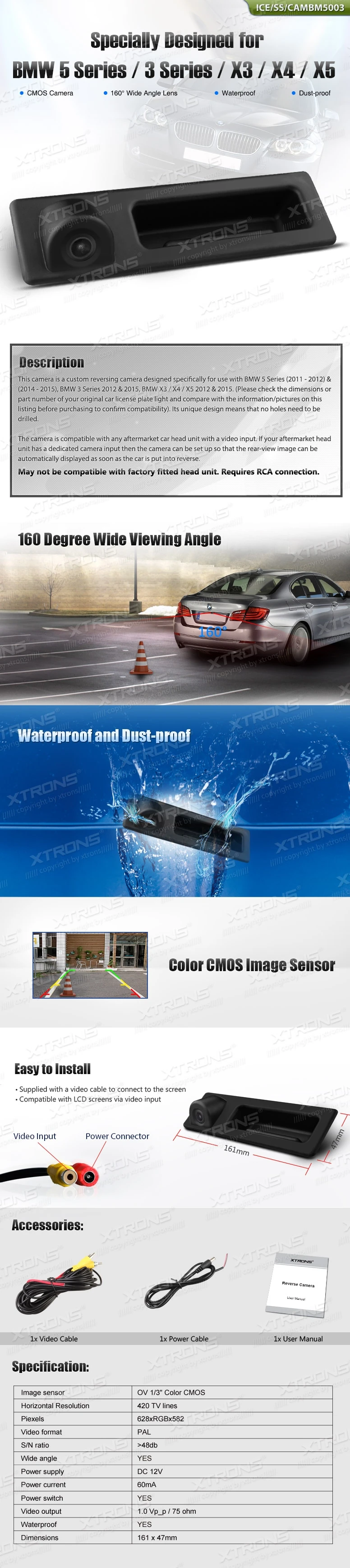BMW 5 Series / 3 Series / X3 / X4 / X5 Licence Plate Reversing Camera | ICE/SS/CAMBM5003: XTRONS specification poster 1 of 1