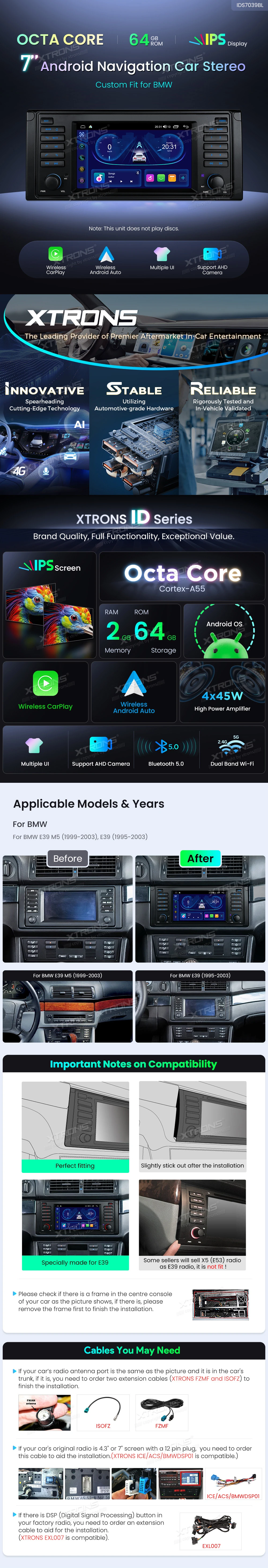 BMW 5 Series E39 7 inch Android Head Unit with Wireless CarPlay, Android Auto and GPS | IDS7039BL: XTRONS specification poster 1 of 6