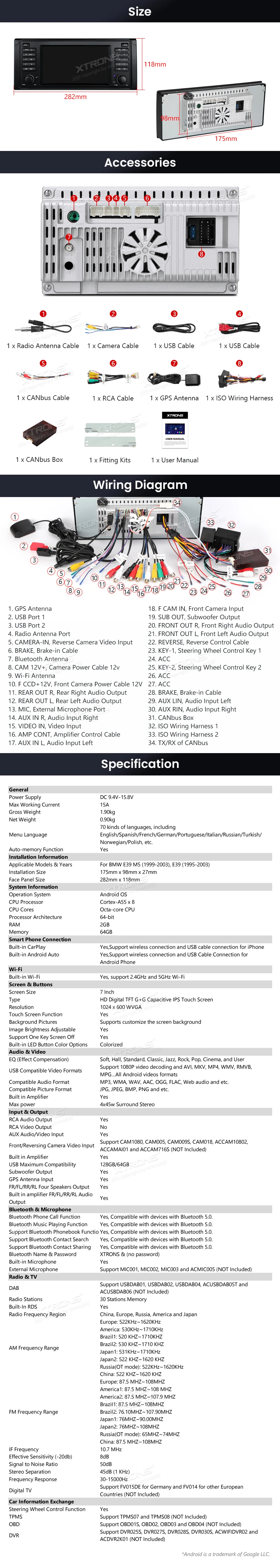 BMW 5 Series E39 7 inch Android Head Unit with Wireless CarPlay, Android Auto and GPS | IDS7039BL: XTRONS specification poster 6 of 6