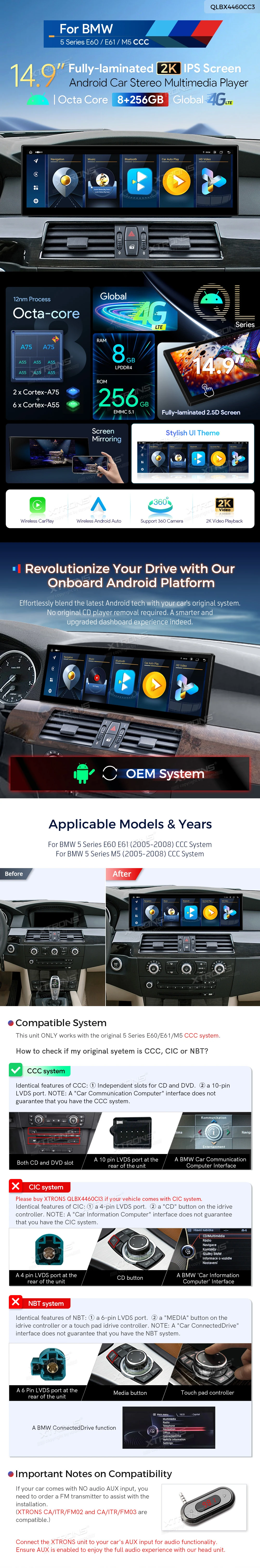 BMW 5 Series E60 E61 and M5 CCC 14.9 inch Android 14 Head Unit with Wireless CarPlay and 4G | QLBX4460CC3: XTRONS specification poster 1 of 5