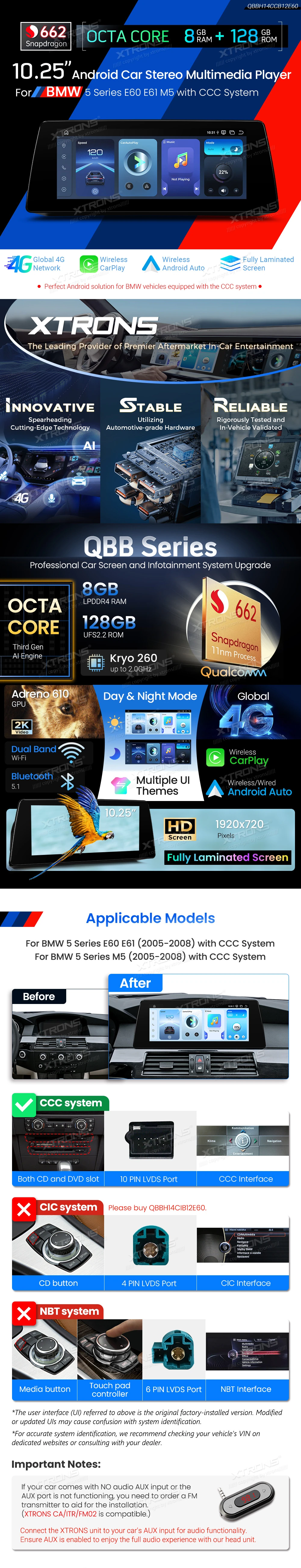 BMW 5 Series E60 E61 CCC 10.25 inch Android Screen with Wireless CarPlay, Android Auto and 4G | QBBH14CCB12E60: XTRONS specification poster 1 of 6