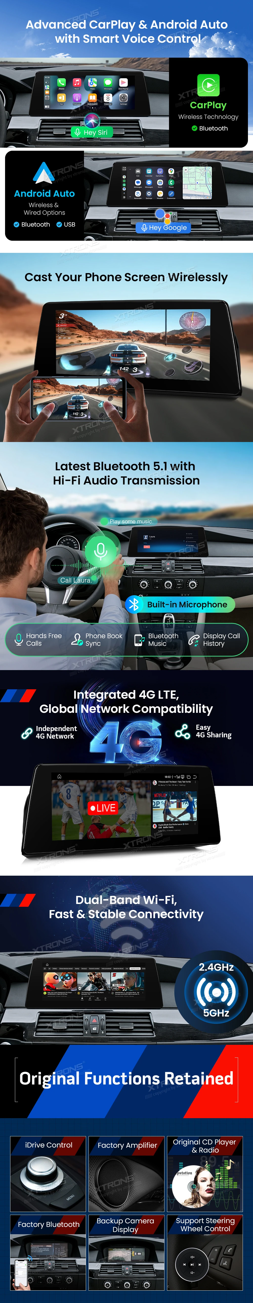 BMW 5 Series E60 E61 CCC 10.25 inch Android Screen with Wireless CarPlay, Android Auto and 4G | QBBH14CCB12E60: XTRONS specification poster 4 of 6