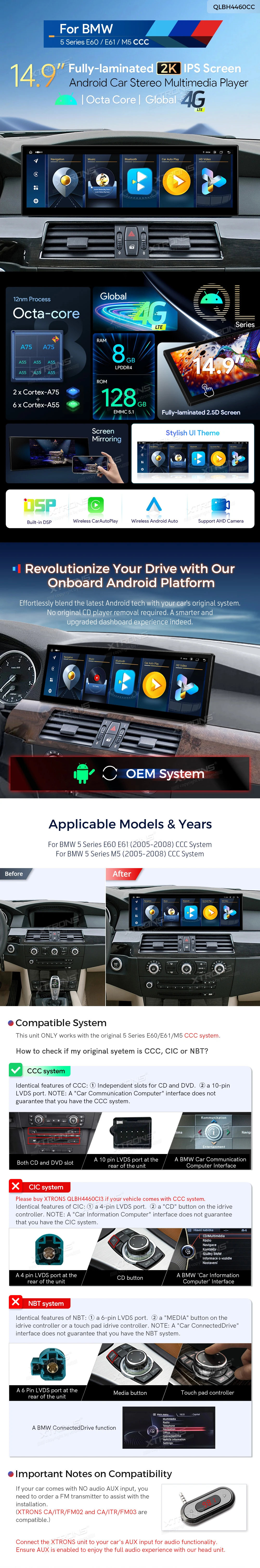 BMW 5 Series E60/E61 CCC 14.9″ Android Screen with Wireless CarPlay, Android Auto and 4G | QLBH4460CC: XTRONS specification poster 1 of 5