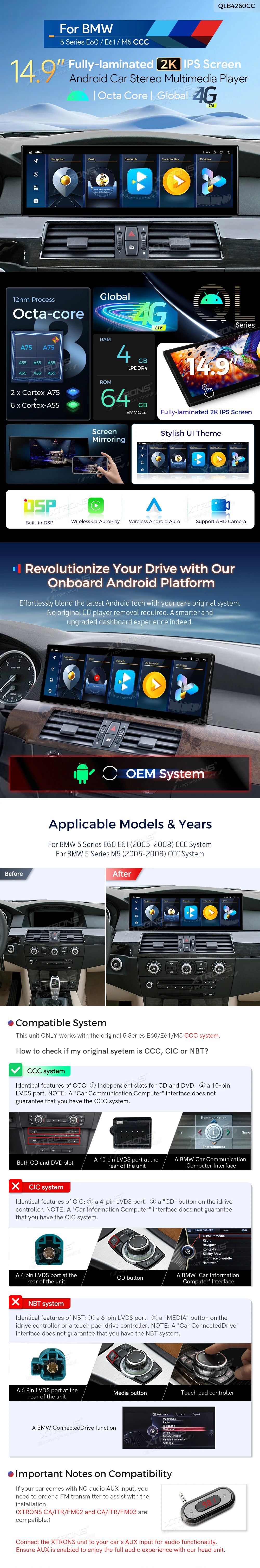 BMW 5 Series E60 E61 CCC 14.9 inch Android Screen with Wireless CarPlay and 4G | QLB4260CC: XTRONS specification poster 1 of 6