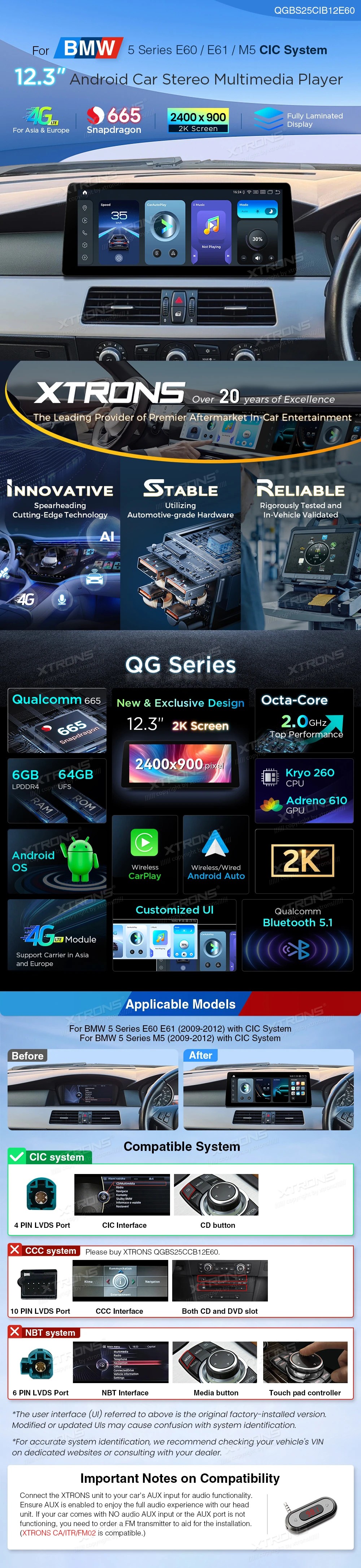BMW 5 Series E60 E61 CIC 12.3 inch Android Screen with Wireless CarPlay, Android Auto and 4G | QGBS25CIB12E60: XTRONS specification poster 1 of 5