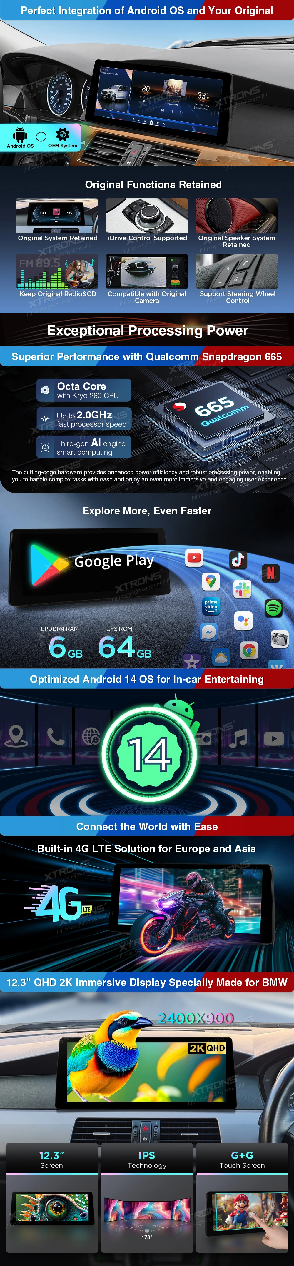 BMW 5 Series E60 E61 CIC 12.3 inch Android Screen with Wireless CarPlay, Android Auto and 4G | QGBS25CIB12E60: XTRONS specification poster 2 of 5