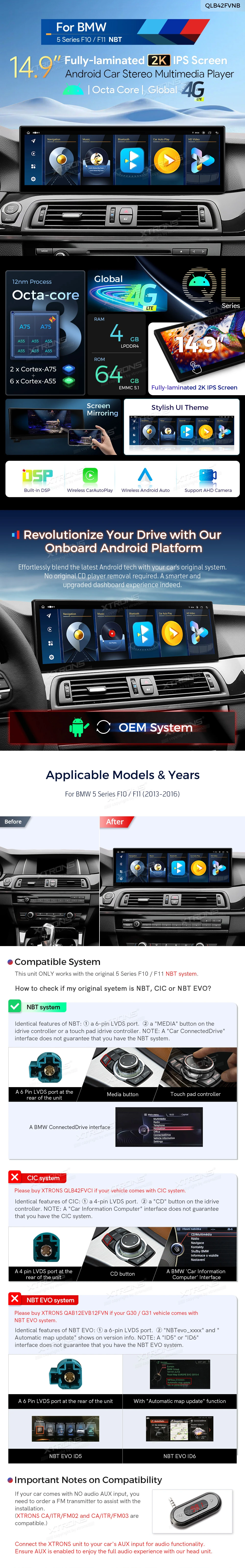BMW 5 Series F10 F11 NBT 14.9 inch Android 13 Head Unit with Wireless CarPlay, Android Auto and 4G | QLB42FVNB: XTRONS specification poster 1 of 6