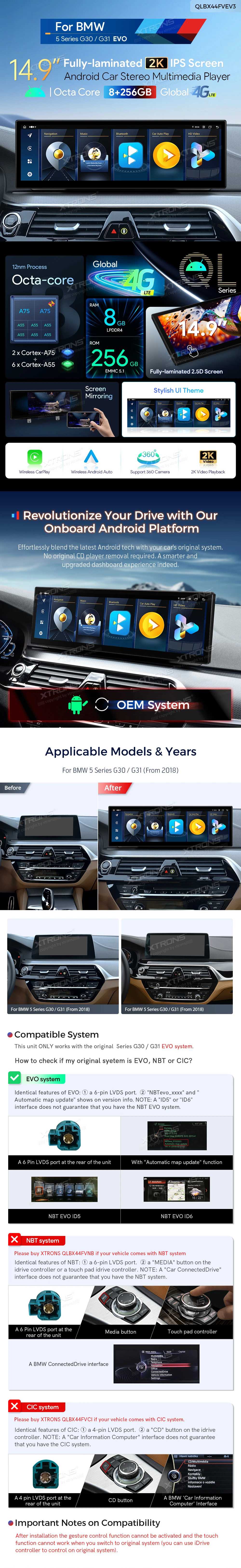 BMW 5 Series G30 G31 EVO 14.9 inch Android Screen with Wireless CarPlay, Android Auto and 4G | QLBX44FVEV3: XTRONS specification poster 1 of 6
