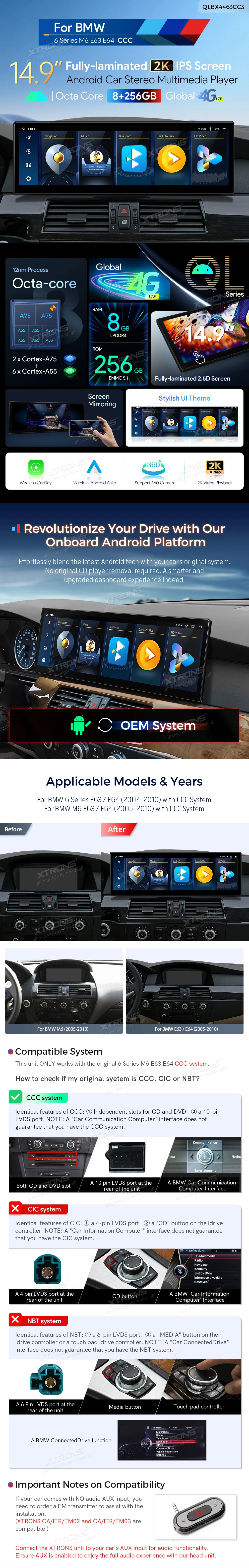 BMW 6 Series and M6 E63 E64 CCC 14.9 inch Android 14 Head Unit with Wireless CarPlay and 4G | QLBX4463CC3: XTRONS specification poster 1 of 6