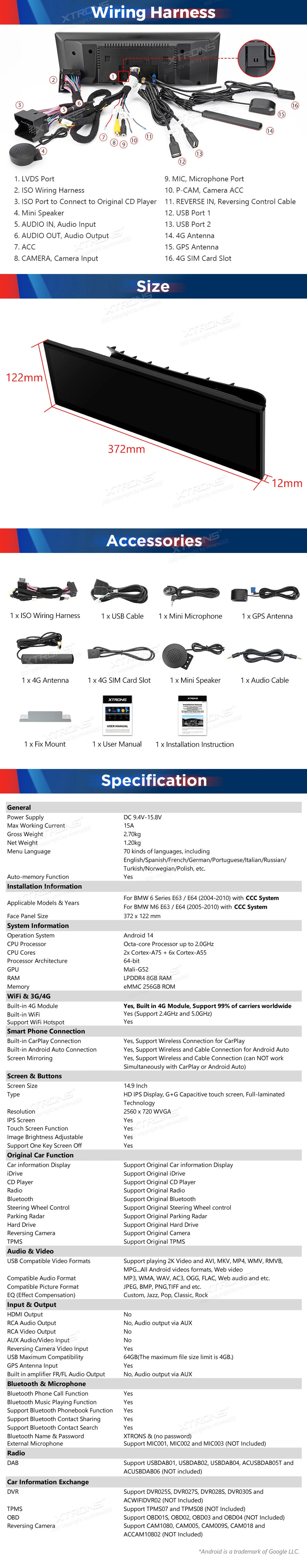 BMW 6 Series and M6 E63 E64 CCC 14.9 inch Android 14 Head Unit with Wireless CarPlay and 4G | QLBX4463CC3: XTRONS specification poster 6 of 6