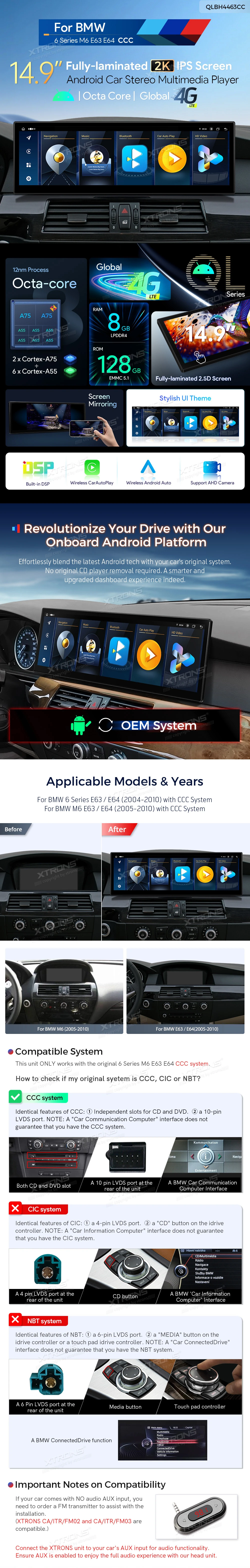 BMW 6 Series E63 E64 CCC 14.9 inch Android Screen with Wireless CarPlay, Android Auto and 4G | QLBH4463CC3: XTRONS specification poster 1 of 5
