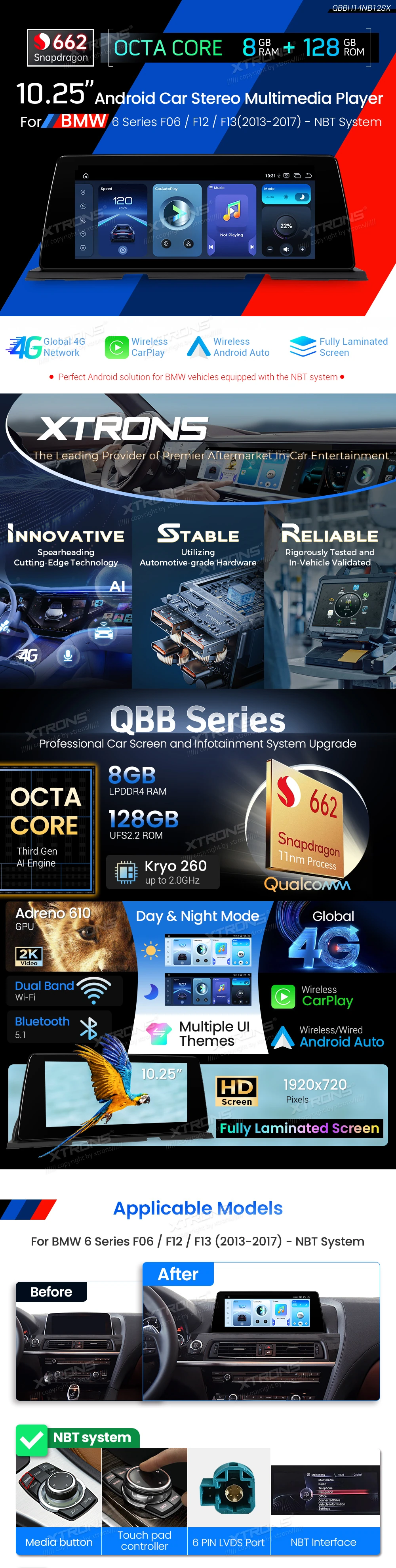 BMW 6 Series F06 F12 F13 NBT 10.25 inch Android Screen with Wireless CarPlay, Android Auto and 4G | QBBH14NB12SX: XTRONS specification poster 1 of 6