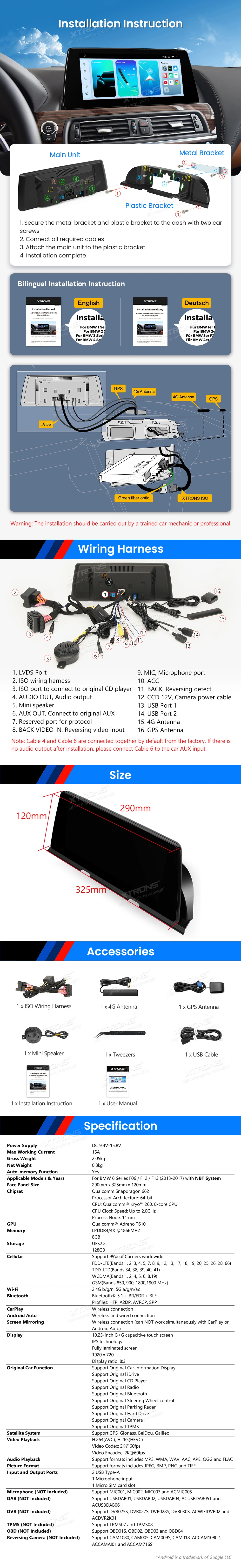 BMW 6 Series F06 F12 F13 NBT 10.25 inch Android Screen with Wireless CarPlay, Android Auto and 4G | QBBH14NB12SX: XTRONS specification poster 6 of 6