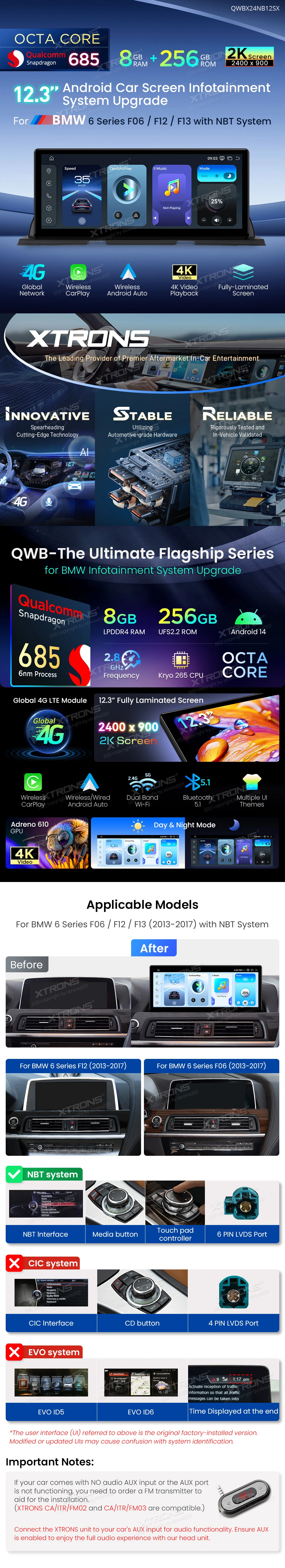 BMW 6 Series F06/F12/F13 NBT 12.3″ Android Screen with Wireless CarPlay and 4G | QWBX24NB12SX: XTRONS specification poster 1 of 6