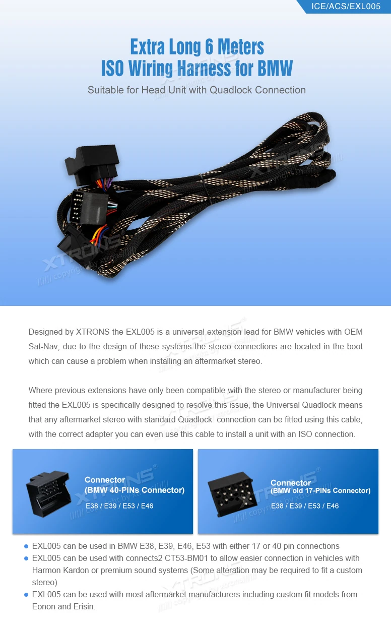 BMW E38, E39 and E46 6 Metre Quadlock Extension Cable for Boot-Mounted Sat Nav | ICE/ACS/EXL005: XTRONS specification poster 1 of 1