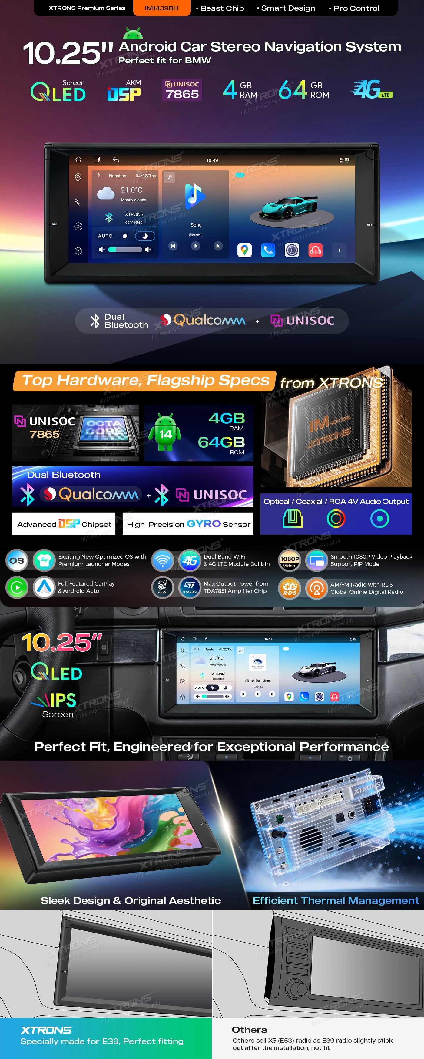 BMW E39 10.25 inch Android Head Unit with Wireless CarPlay, Android Auto and AKM DSP | IM1439BH: XTRONS specification poster 1 of 6