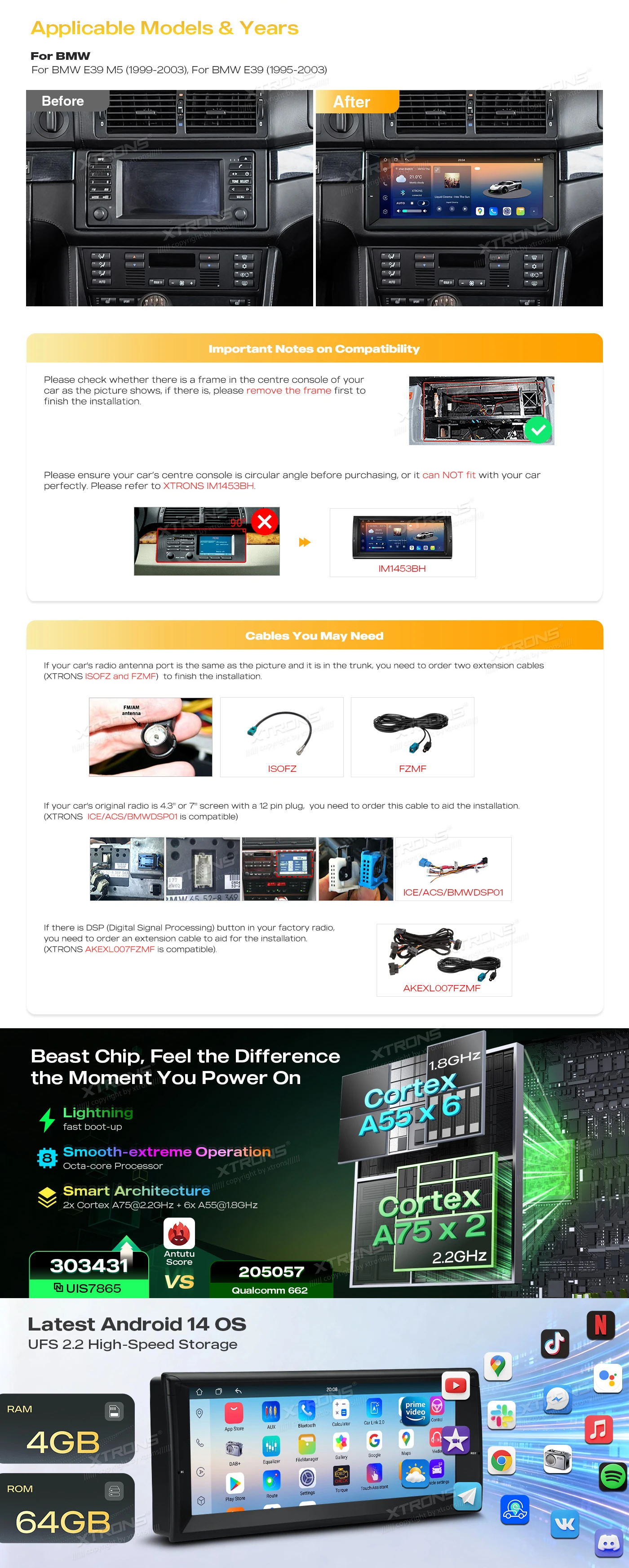 BMW E39 10.25 inch Android Head Unit with Wireless CarPlay, Android Auto and AKM DSP | IM1439BH: XTRONS specification poster 2 of 6