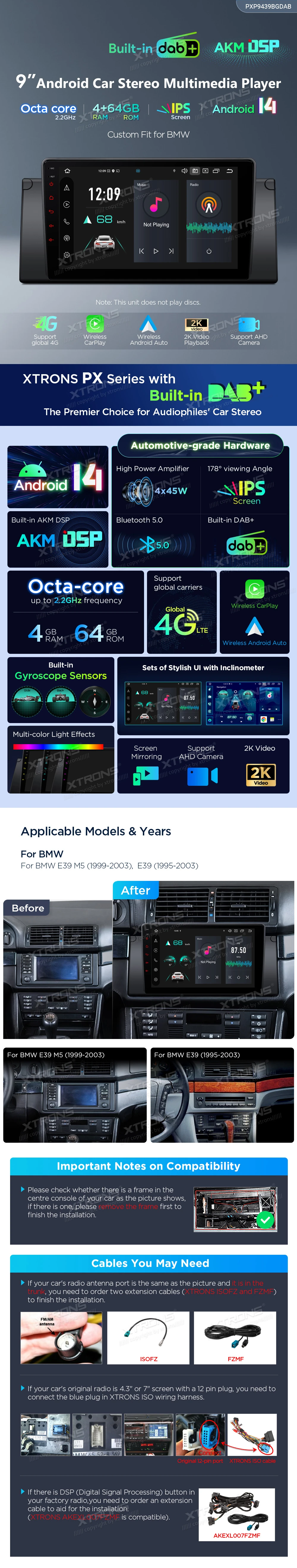 BMW E39 9 inch Android Head Unit with Wireless CarPlay, Android Auto and DAB+ | PXP9439BGDAB: XTRONS specification poster 1 of 7