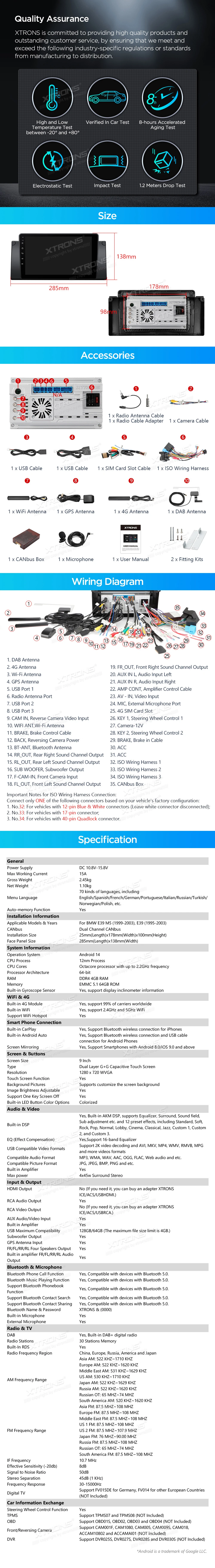 BMW E39 9 inch Android Head Unit with Wireless CarPlay, Android Auto and DAB+ | PXP9439BGDAB: XTRONS specification poster 7 of 7