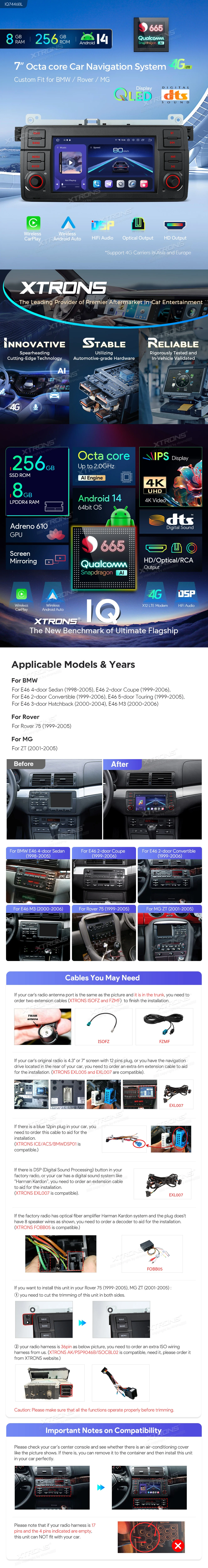 BMW E46, Rover 75 and MG ZT 7″ Android Head Unit with Wireless CarPlay, 4G and HDMI Output | IQ7446BL: XTRONS specification poster 1 of 6