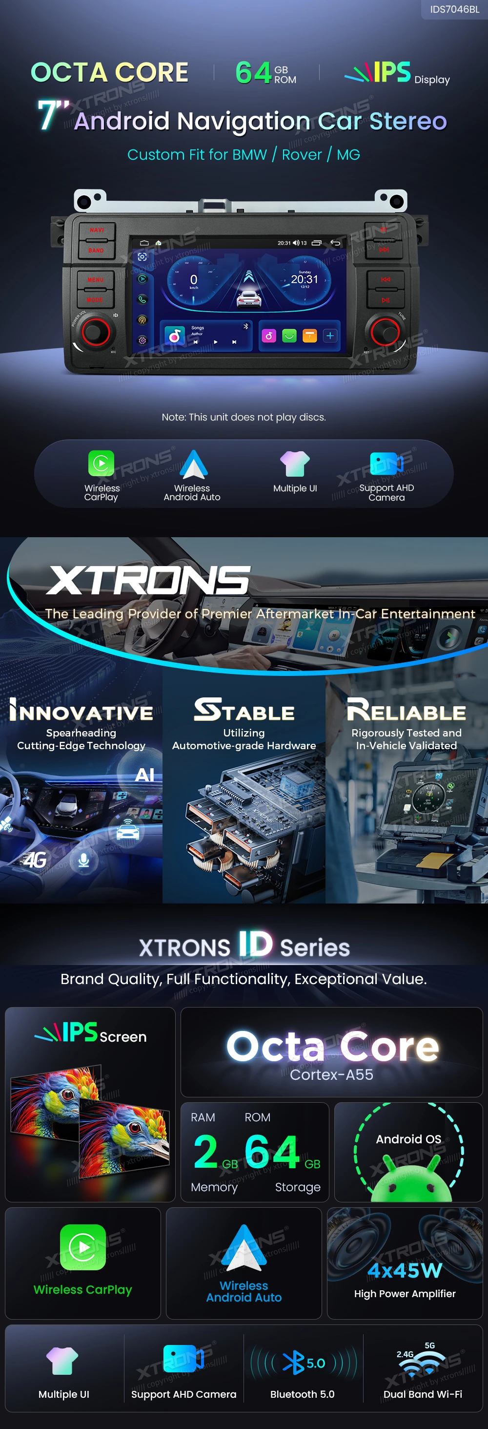 BMW E46, Rover 75 and MG ZT 7 Inch Android Head Unit with Wireless CarPlay and Android Auto | IDS7046BL: XTRONS specification poster 1 of 7