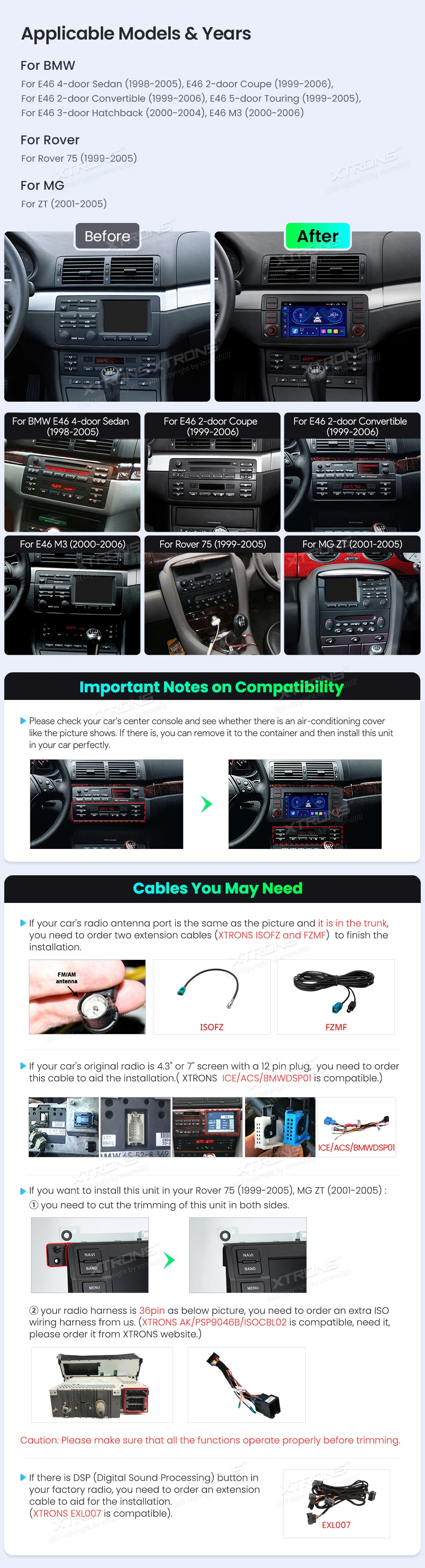 BMW E46, Rover 75 and MG ZT 7 Inch Android Head Unit with Wireless CarPlay and Android Auto | IDS7046BL: XTRONS specification poster 2 of 7