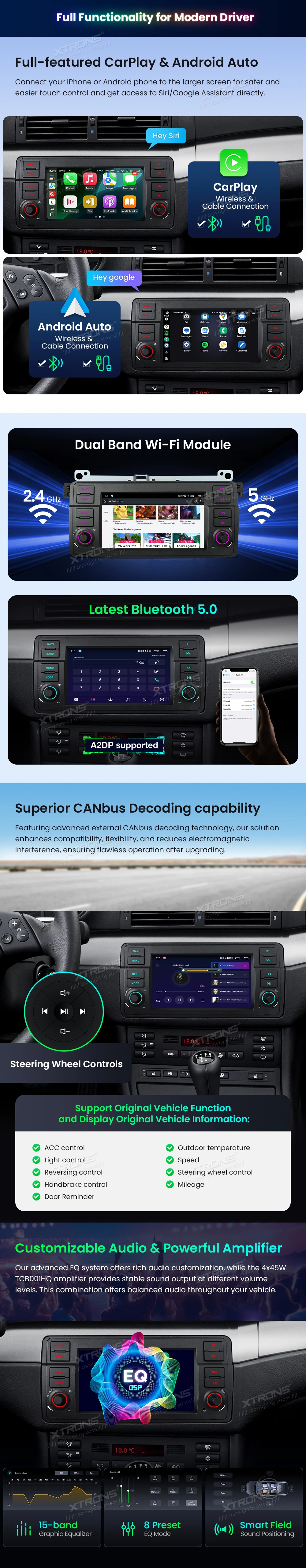BMW E46, Rover 75 and MG ZT 7 Inch Android Head Unit with Wireless CarPlay and Android Auto | IDS7046BL: XTRONS specification poster 4 of 7