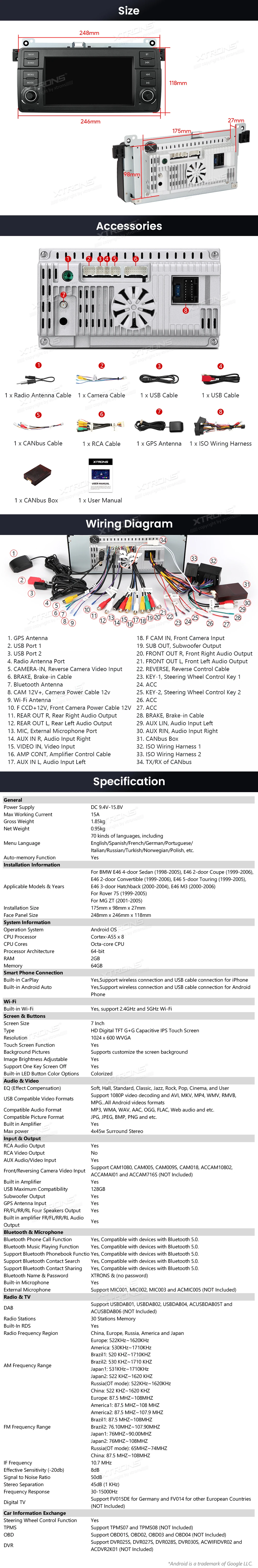 BMW E46, Rover 75 and MG ZT 7 Inch Android Head Unit with Wireless CarPlay and Android Auto | IDS7046BL: XTRONS specification poster 7 of 7