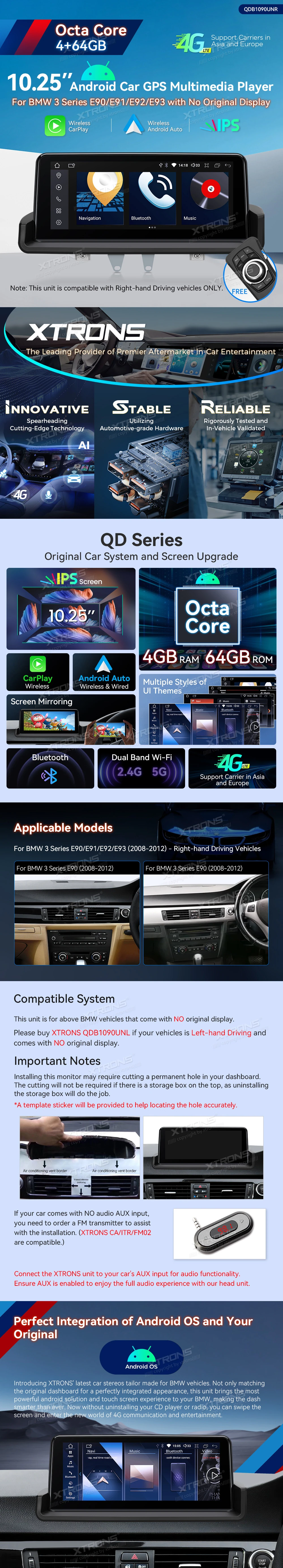 BMW E90 E91 E92 E93 10.25 inch Android Screen for Cars Without a Display, with Wireless CarPlay | QDB1090UNR: XTRONS specification poster 1 of 6