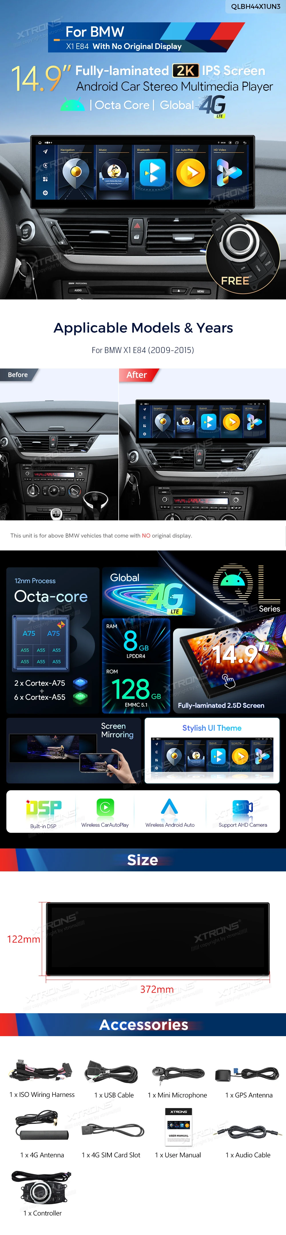 BMW X1 E84 14.9 inch Android Screen with Wireless CarPlay, Android Auto and 4G | QLBH44X1UN3: XTRONS specification poster 1 of 1