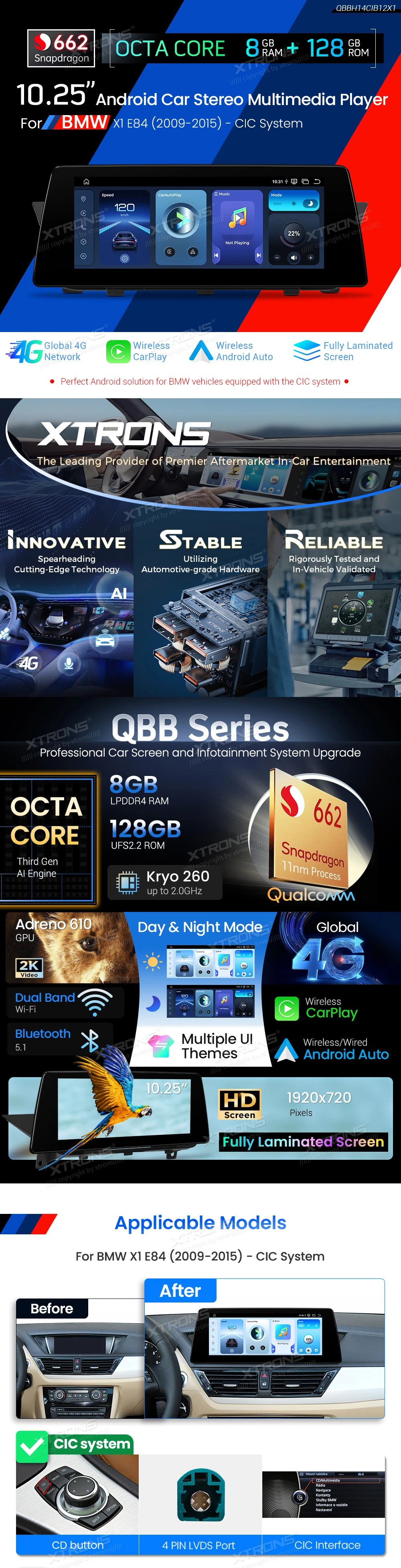 BMW X1 E84 CIC 10.25 inch Android 14 Screen with Wireless CarPlay, Android Auto and 4G | QBBH14CIB12X1: XTRONS specification poster 1 of 6