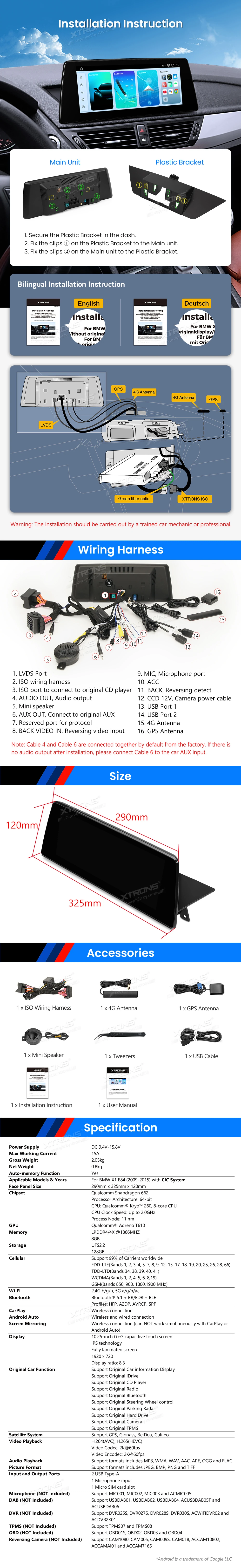 BMW X1 E84 CIC 10.25 inch Android 14 Screen with Wireless CarPlay, Android Auto and 4G | QBBH14CIB12X1: XTRONS specification poster 6 of 6