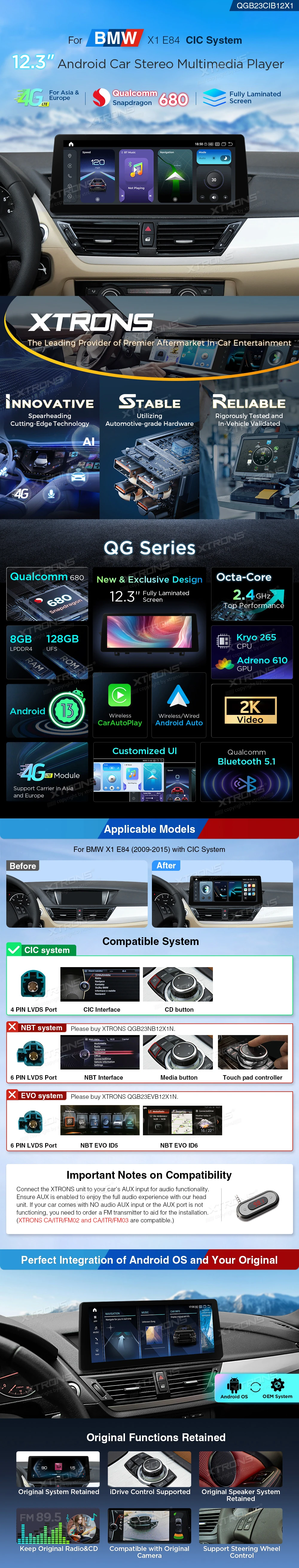 BMW X1 E84 CIC 12.3 inch Android Screen with Wireless CarPlay, Android Auto and 4G | QGB24CIB12X1: XTRONS specification poster 1 of 4