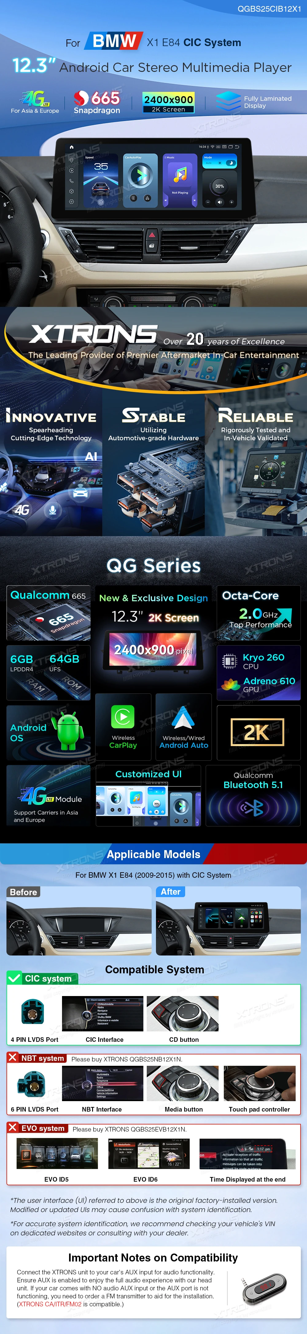 BMW X1 E84 CIC 12.3 inch Android Screen with Wireless CarPlay, Android Auto and 4G | QGBS25CIB12X1: XTRONS specification poster 1 of 6