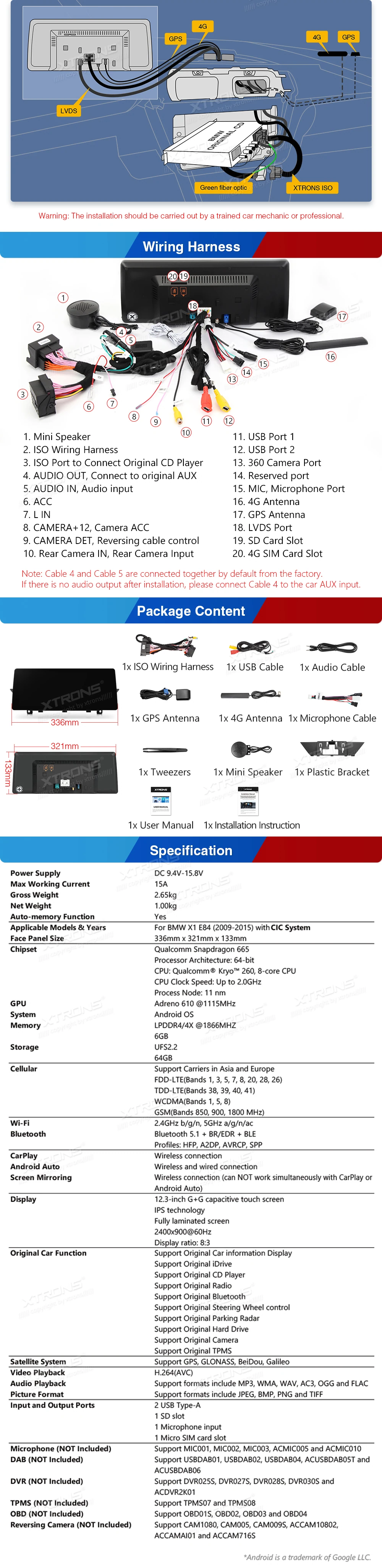 BMW X1 E84 CIC 12.3 inch Android Screen with Wireless CarPlay, Android Auto and 4G | QGBS25CIB12X1: XTRONS specification poster 6 of 6